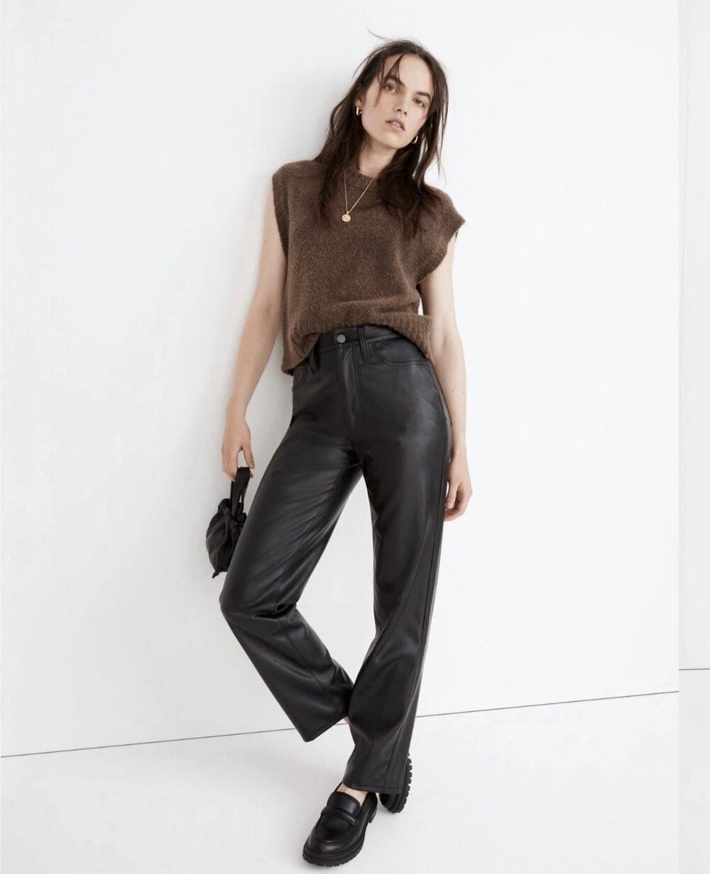 Madewell Women's Faux Black Leather The Perfect Vintage Straight Pants Sz 25